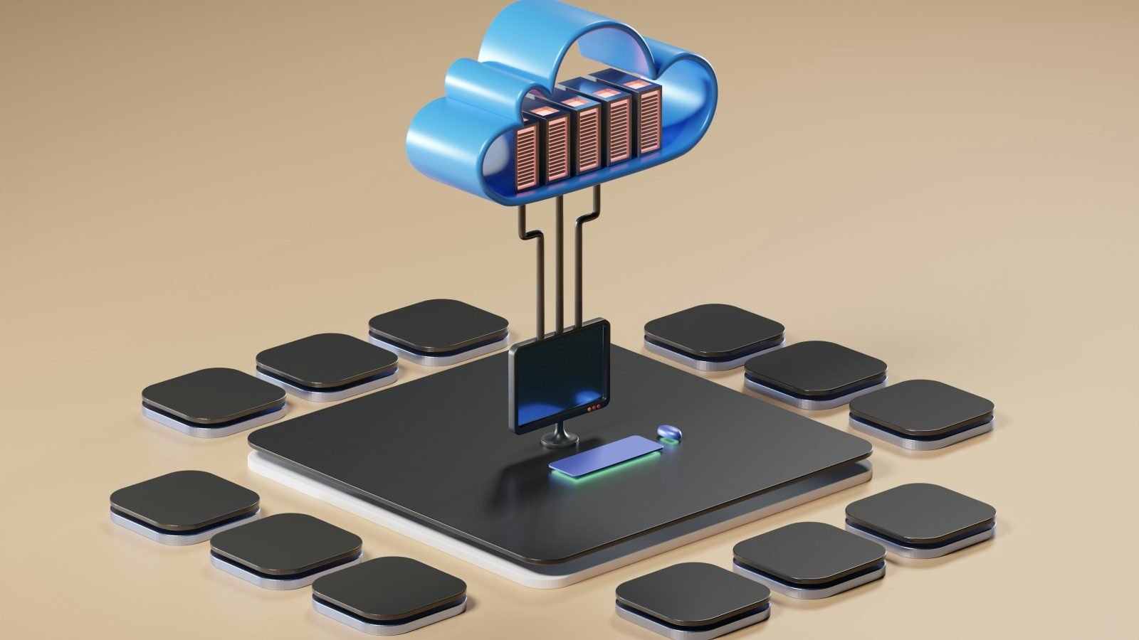 3D cloud computing illustration, illustrative for an AWS EC2 P5 review.