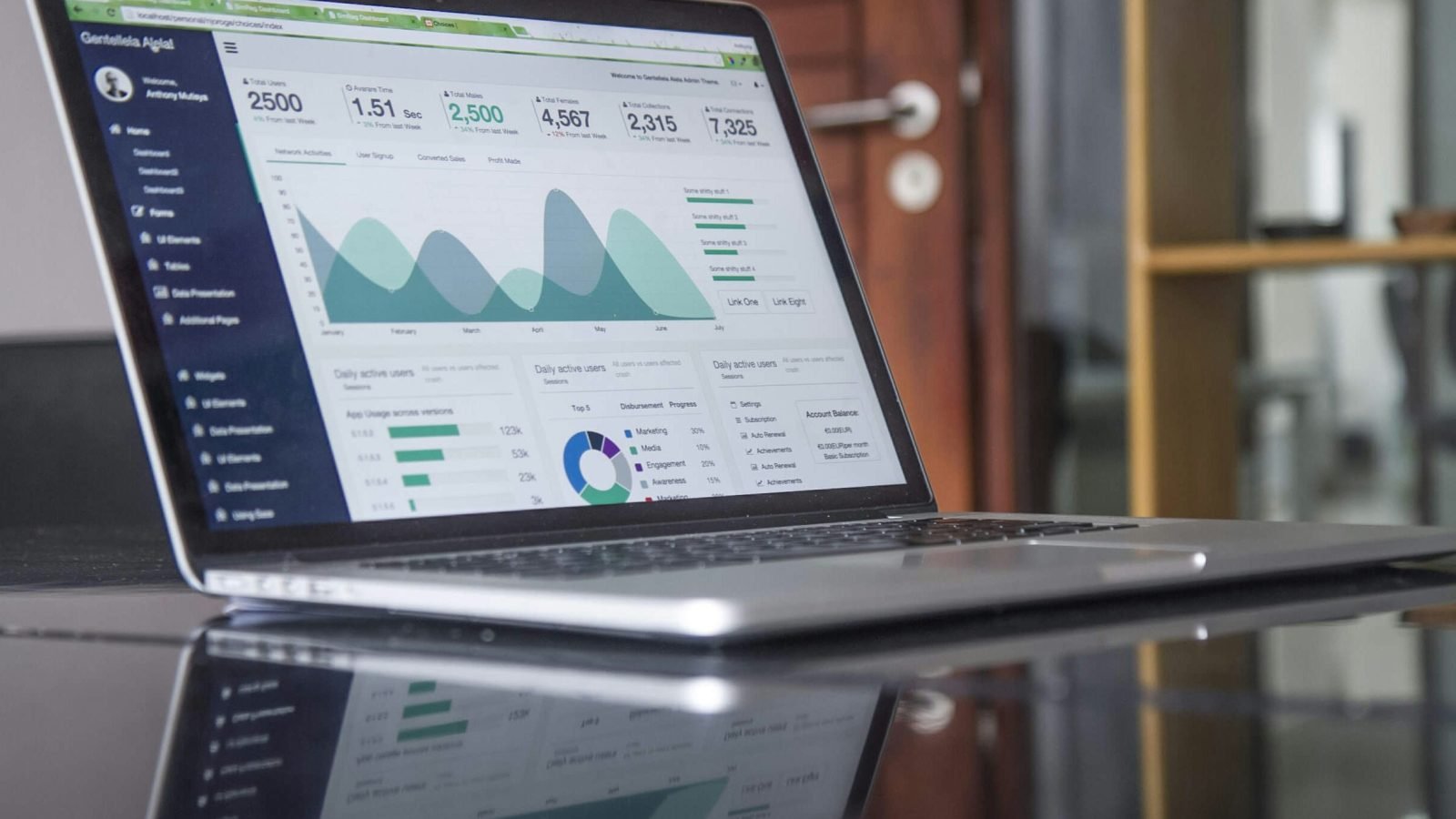 Laptop on a glass table displaying business analytics dashboards, evoking HubSpot's marketing reports