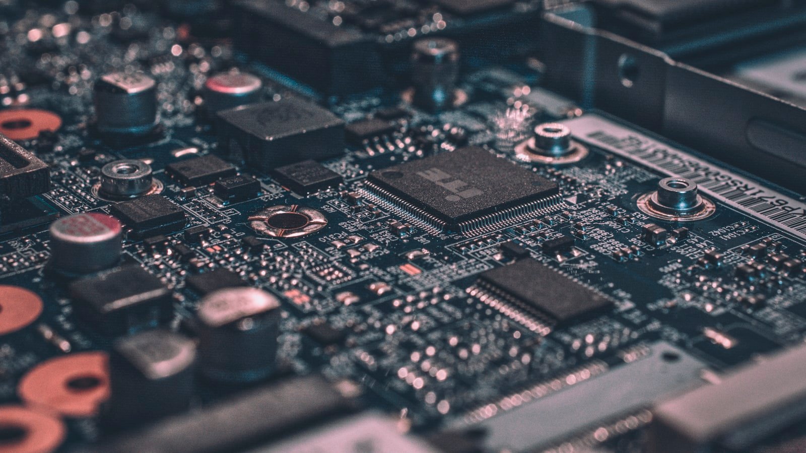 Circuit-board macro evoking edge compute and modern frontend infrastructure